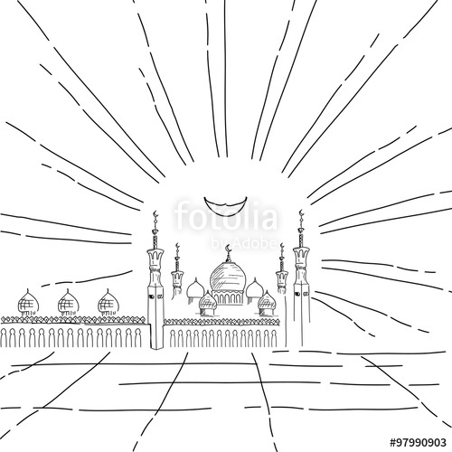 500x500 Silhouette Of Mosque With Minarets And Crescent Moon. Ink Painted - Crescent Moon Sketch