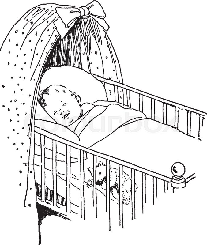 676x800 Baby In Crib Sleeping With A Teddy Bear, Vintage Line Drawing Or - Crib Sketch