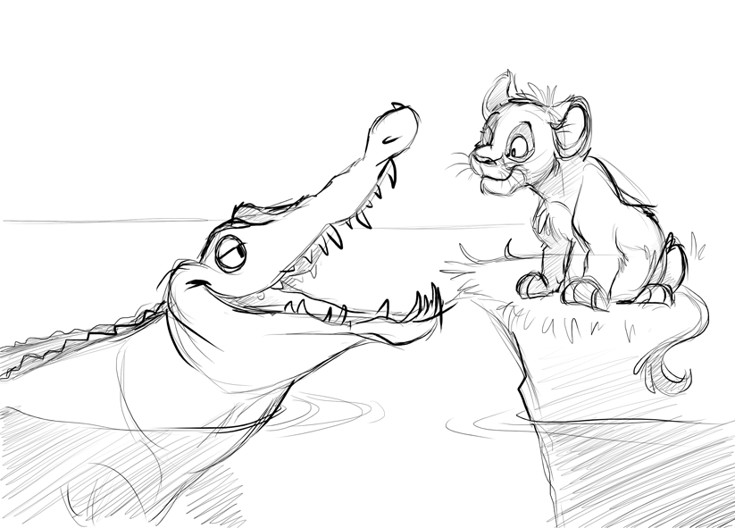 823x591 Simba And The Crocodile (Sketch) By Frozenspots - Crocodile Sketch