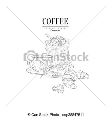 450x470 Bag Of Coffee Beans, Cup And Croissant Hand Drawn Realistic Sketch - Croissant Sketch