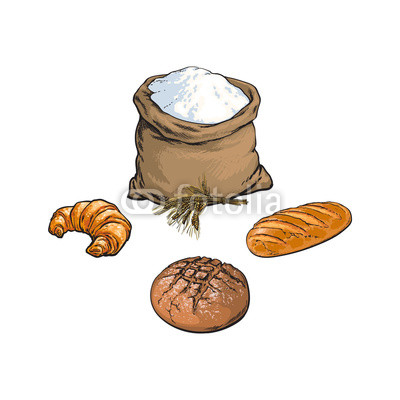 400x400 Vector Sketch Cartoon Flour Or Sugar Burlap Bag Or Sack, Croissant - Croissant Sketch