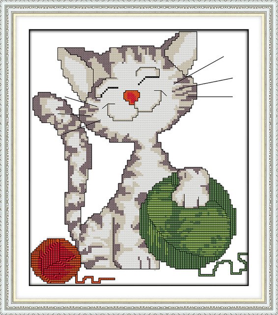 566x640 The Cat Playing Ball Of Yarn Dmc Cross Stitch Kit Sketch 18ct 14ct - Cross Stitch Sketch