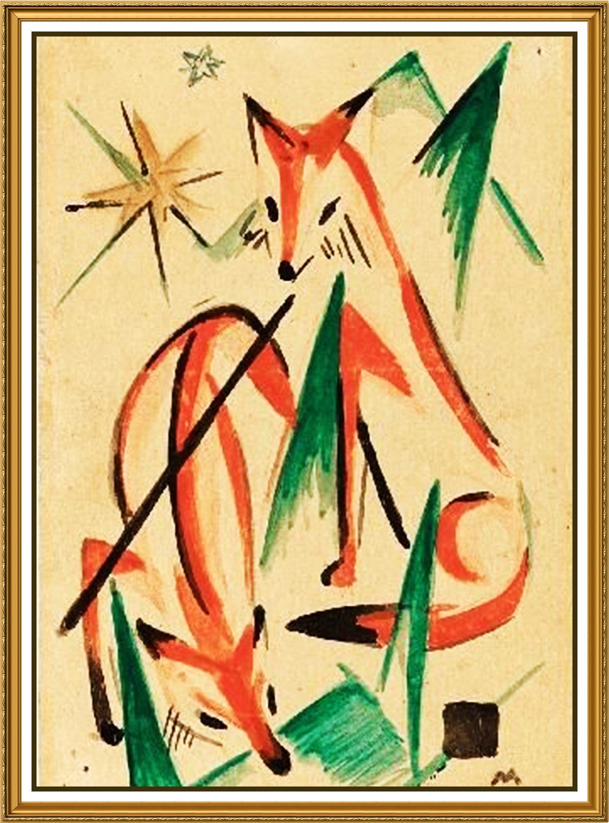 1217x1646 Two Foxes Sketch By Expressionist Artis Franz Marc Counted Cross - Cross Stitch Sketch