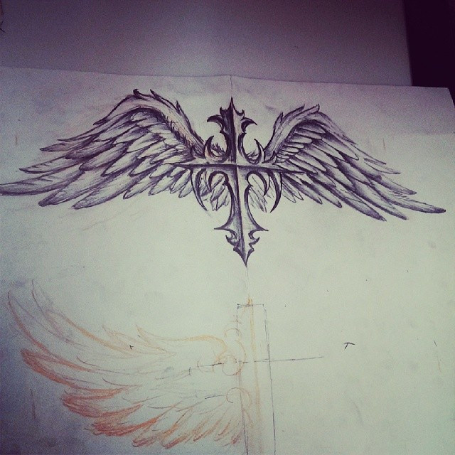 640x640 Cross With Wings Sketch, Custom Design For Tomorrow - Cross With Wings Sketch
