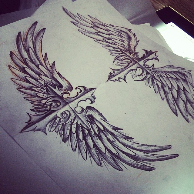 640x640 Wings Upwings Down 2nd Sketch Of The Cross With Angel - Cross With Wings Sketch
