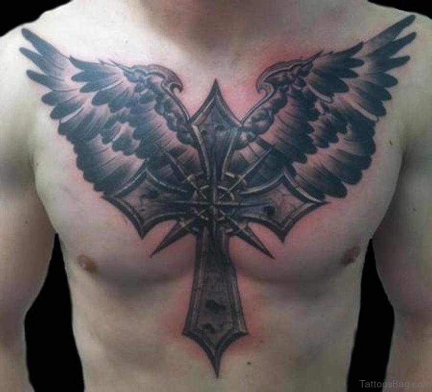 847x768 70 Stylish Wings Tattoo For Chest - Cross With Wings Sketch
