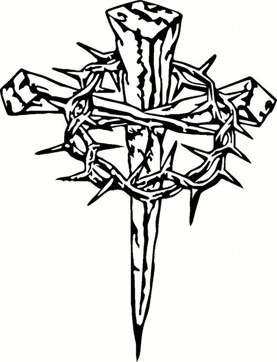 570x743 Vinyl Cross With Crown Of Thorns Etsy - Crown Of Thorns Sketch