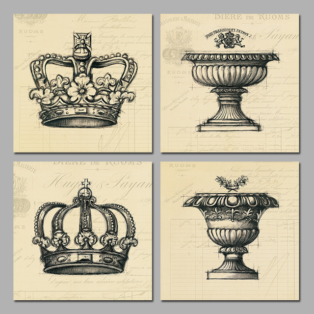 640x640 4 Pieces Retro King Crown Sketch Gem Royal Decoration Wall Art - Crown Sketch