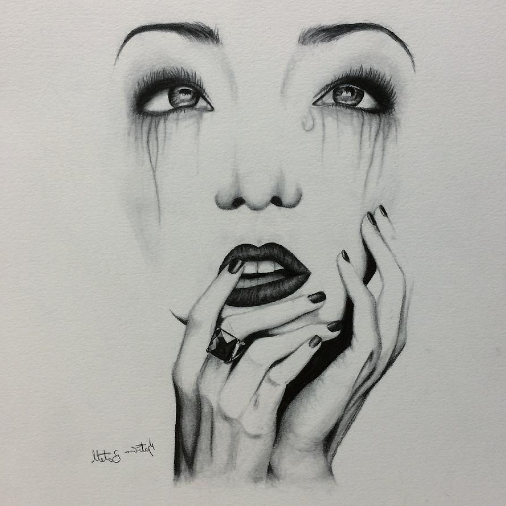 Pencil Sad Girl Face With Tears Drawing Rectangle Circle