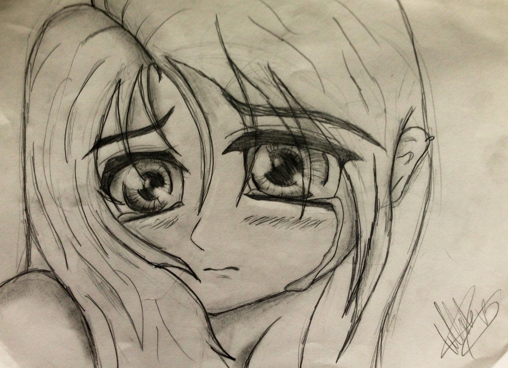 1024x742 Crying Anime Girl Sketch By Tellabart - Crying Girl Sketch