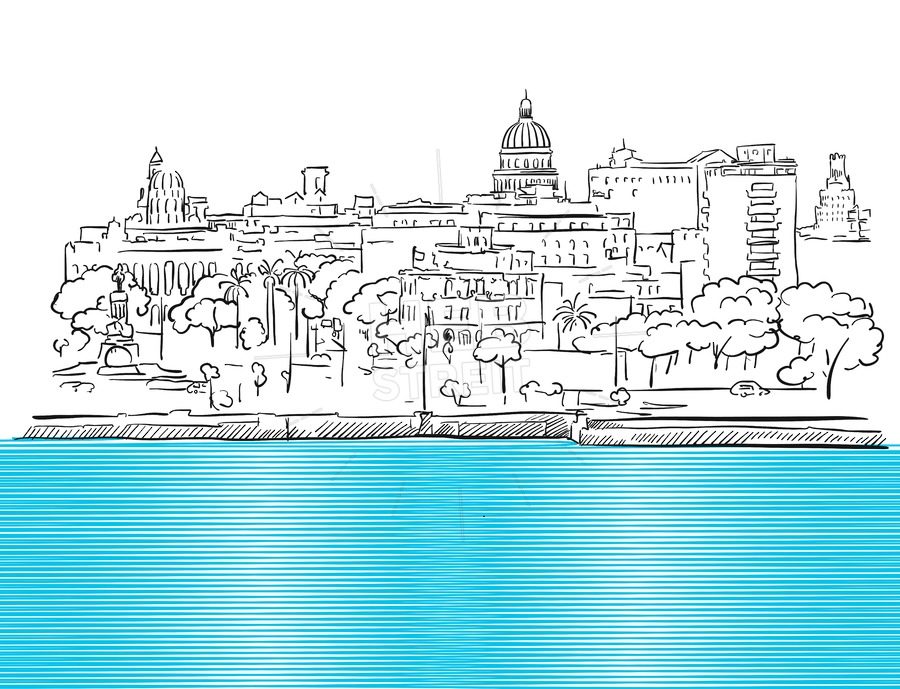 900x689 Havana Cuba Panorama With Colored Sea Sketch Hebstreits - Cuba Sketch