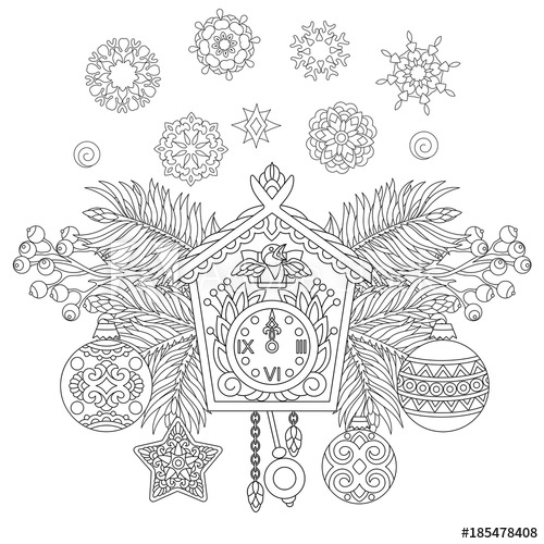 500x500 Christmas Coloring Page. Holiday Hanging Decorations And Fir Tree - Cuckoo Clock Sketch