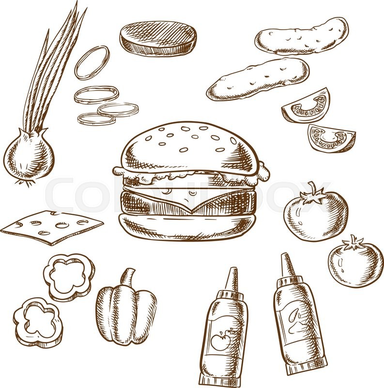 793x800 Sketch Of Tasty Burger With Tomato, Pepper, Onion, Beef Patty - Cucumber Sketch
