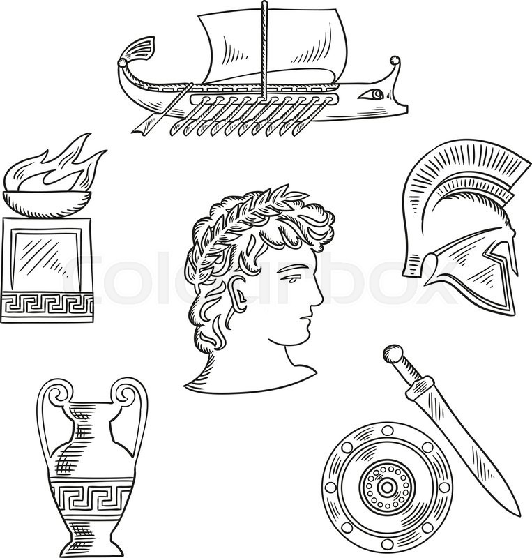 763x800 Historical And Cultural Symbols Of Ancient Greece With Emperor In - Culture Sketches