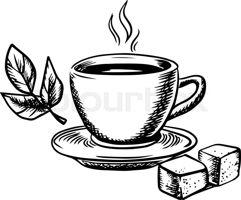 800x666 Cup Of Hot Steaming Tea With Saucer, Sugar Cubes And Fresh Mint - Cup And Saucer Sketch