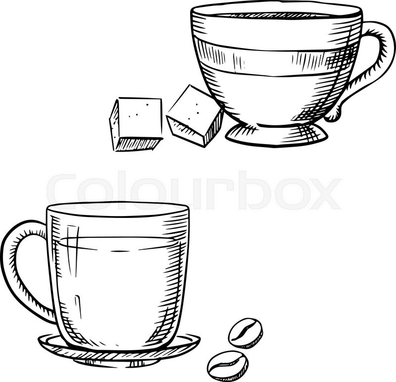 800x771 Elegant Porcelain And Glass Cups Of Coffee And Tea With Sugar - Cup Of Tea Sketch