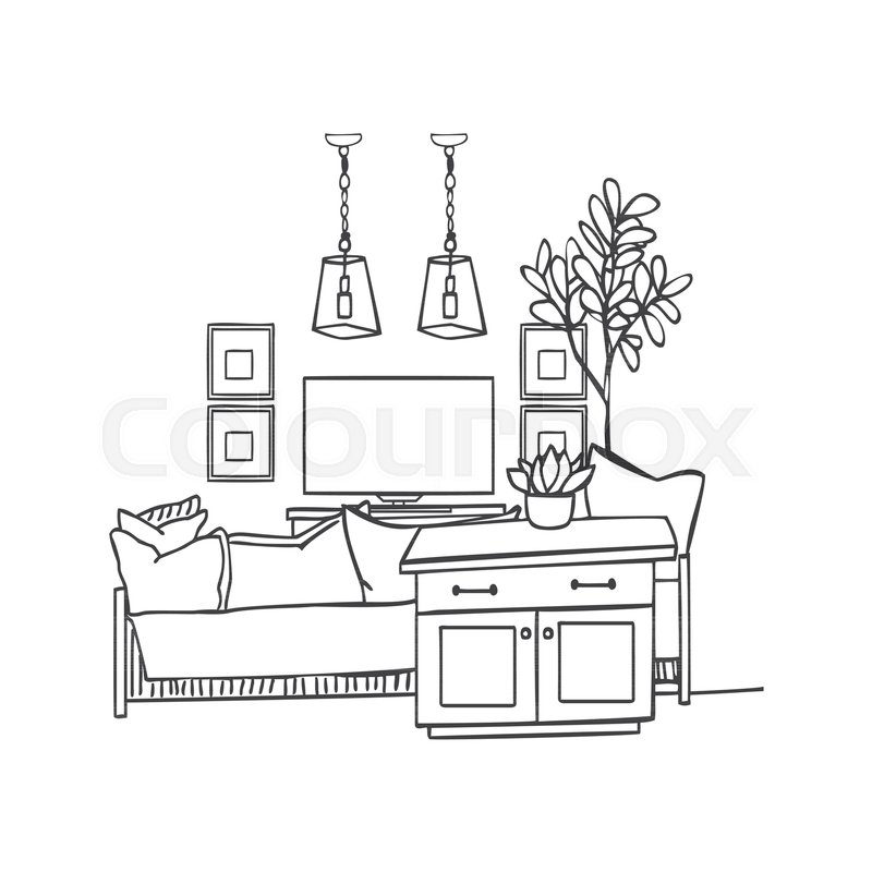 800x800 Interior Design Illustration Sketch. Modern White Living Room - Cupboard Sketch