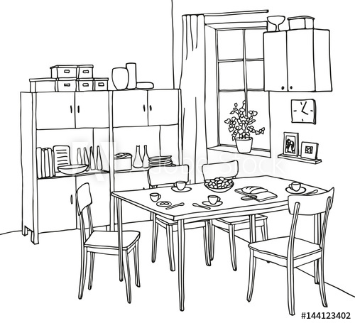500x455 Interior Hand Drawn Sketch. Kitchen With A Table, Tableware, Four - Cupboard Sketch