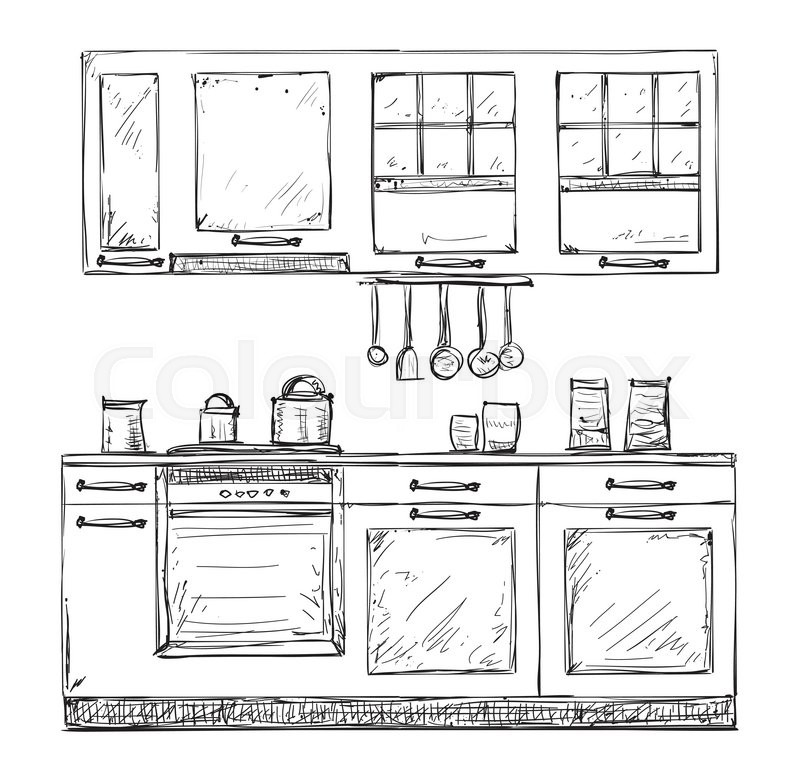 800x762 Kitchen Cupboard, Kitchen Shelves, Hand Drawn Sketch Stock - Cupboard Sketch
