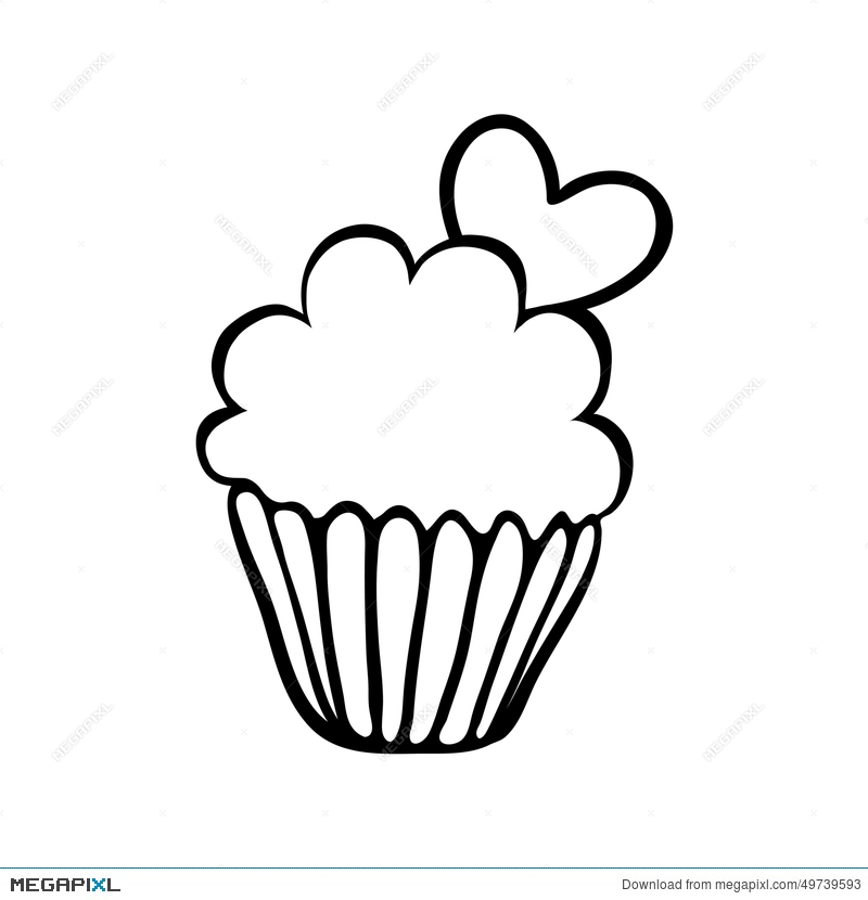 800x830 Valentine Cupcake Sketch With One Heart Illustration 49739593 - Cupcake Sketch
