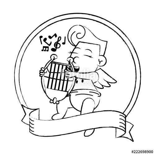 500x500 Cupid With Harp On Round Emblem Sketch Stock Image And Royalty - Cupid Sketch