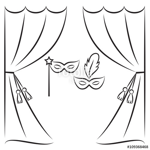 500x500 Theater Curtain And Masks Vector Line Illustration. Stage Curtain - Curtain Sketch