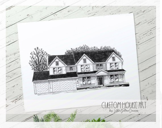 570x448 Custom House Sketch New Home Gift Black And White Etsy - Custom House Sketch
