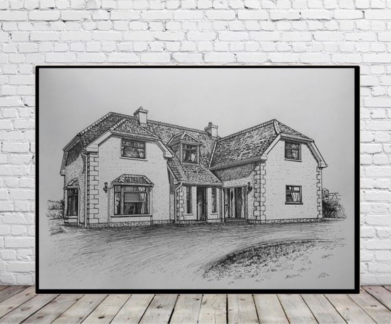 570x473 Custom House Sketch Hand Drawn Home Portrait Ink Commissioned - Custom House Sketch