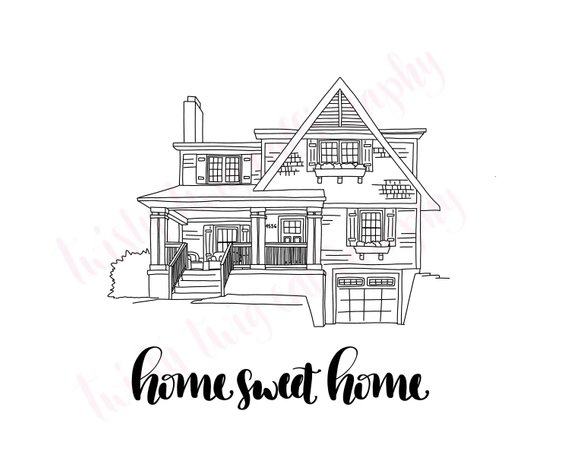 570x456 Custom House Sketch With Hand Lettered Address Or Quote Etsy - Custom House Sketch