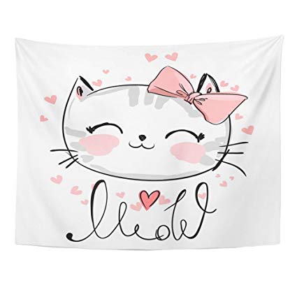 425x425 Emvency Tapestries Print 60x80 Inches Pink Graphic - Cute Cat Sketch