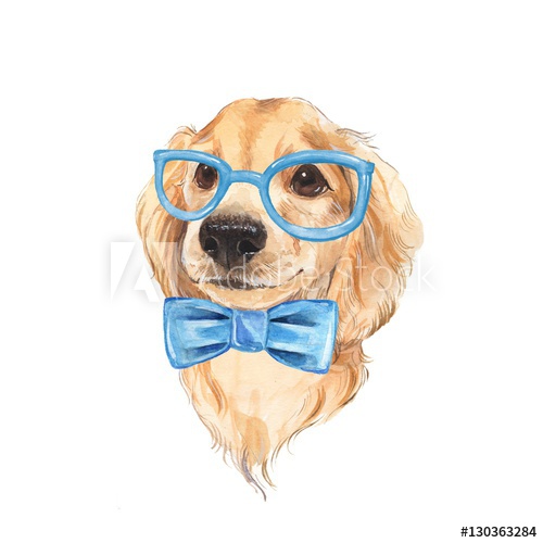 500x500 Cute Dog Sketch. Blue Bow Tie. Hand Painted. Watercolor - Cute Dog Sketch