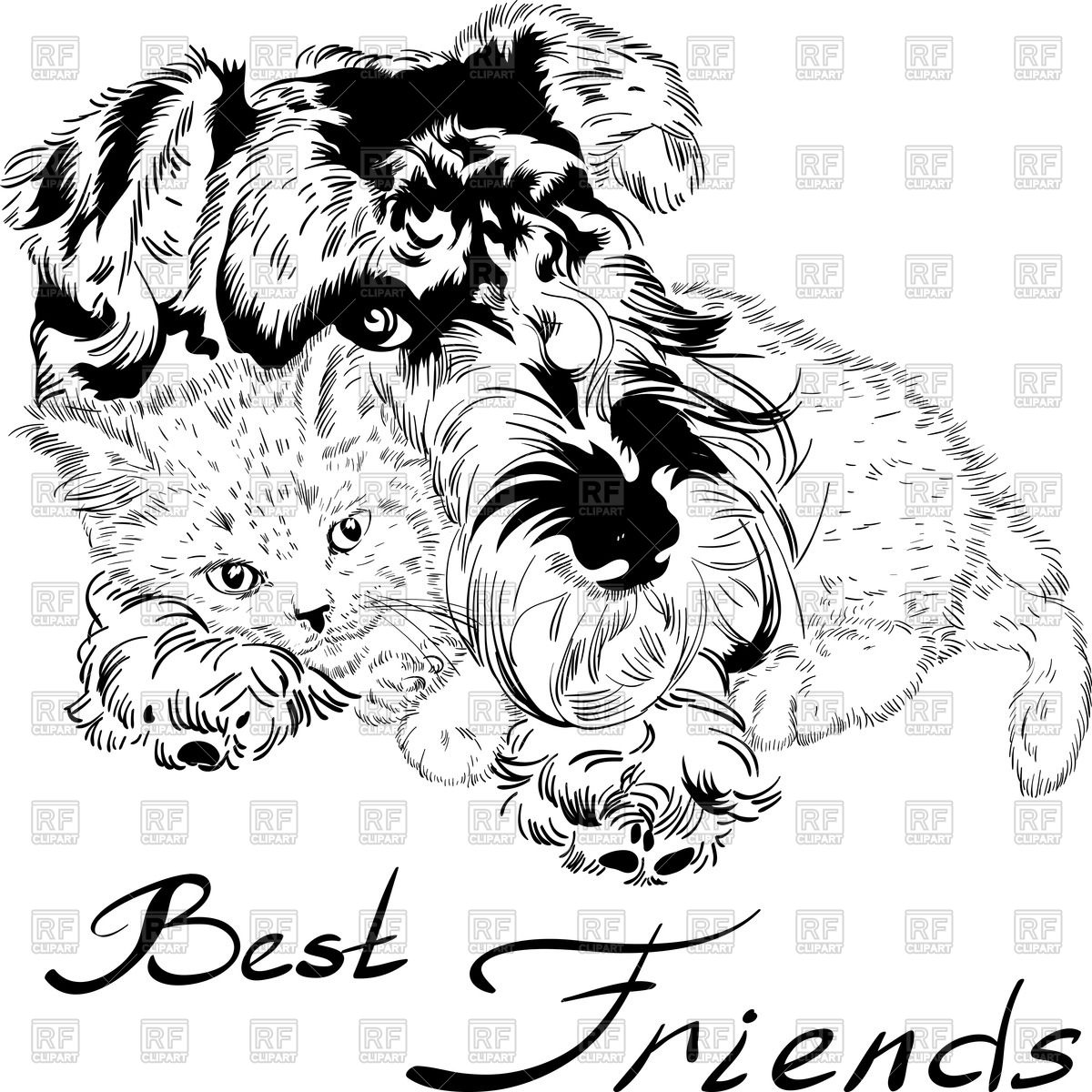 1200x1200 Sketch Of Cute Kitten And Dog Vector Image Vector Artwork Of - Cute Kitten Sketch