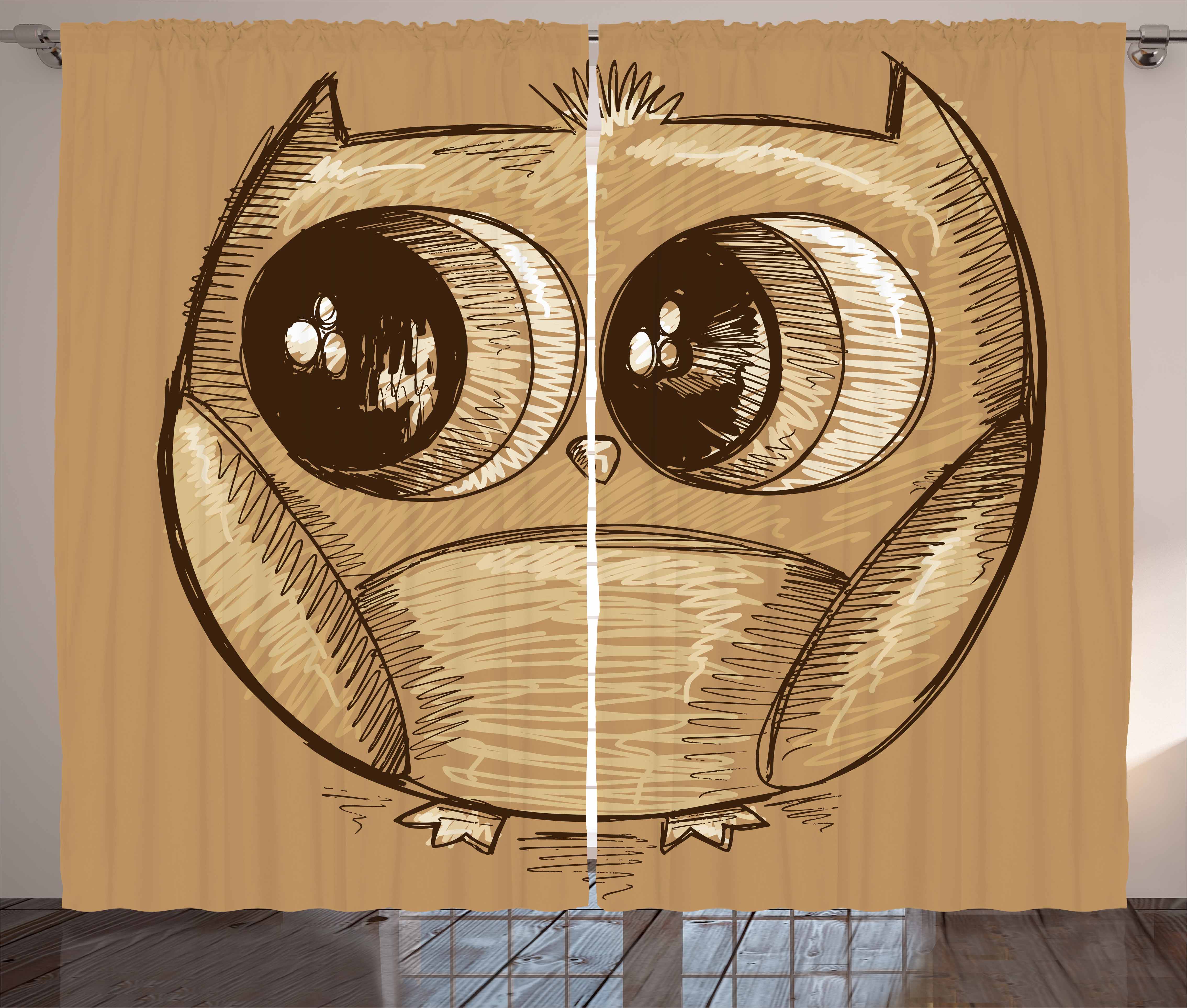 4536x3852 Doodle Curtains 2 Panels Set, Cute Owl Sketch With Realistic Eyes - Cute Owl Sketch