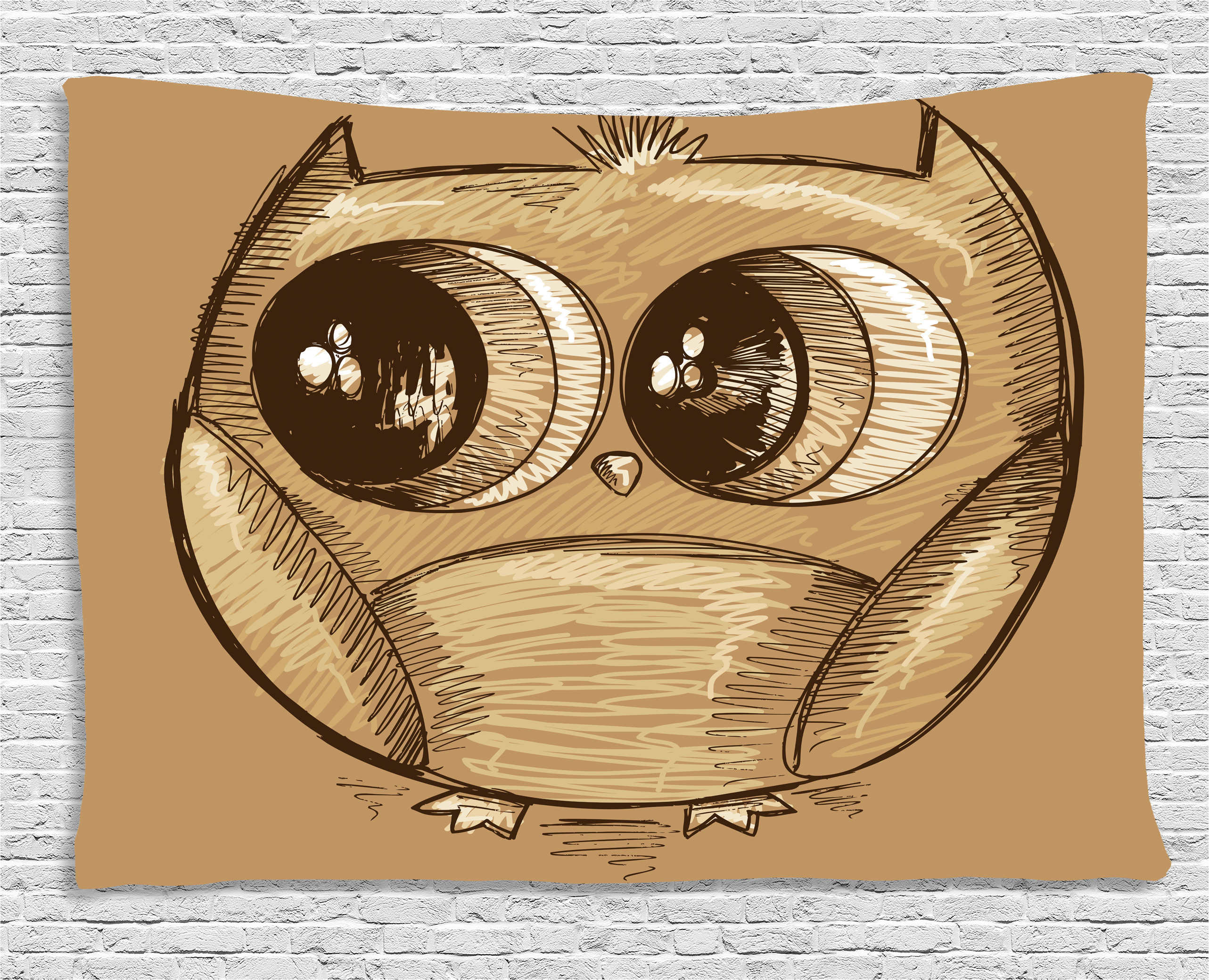 2565x2080 Doodle Tapestry, Cute Owl Sketch With Realistic Eyes And Very Tiny - Cute Owl Sketch