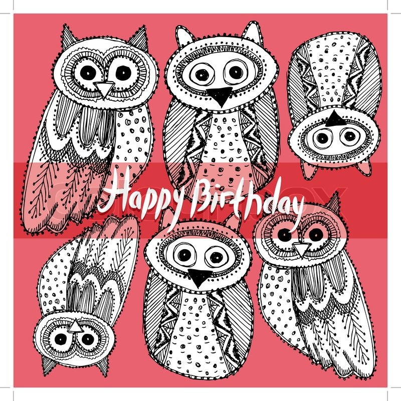 800x800 Happy Birthday Decorative Hand Dravn Cute Owl Sketch Doodle Black - Cute Owl Sketch