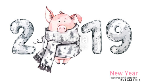 500x292 2019 Happy New Year Banner. Cute Pig In Winter Scarf With Numbers - Cute Pig Sketch