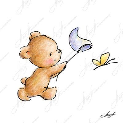 400x400 The Drawing Of Cute Teddy Bear Chasing A Butterfly. Printable Art - Cute Teddy Bear Sketch