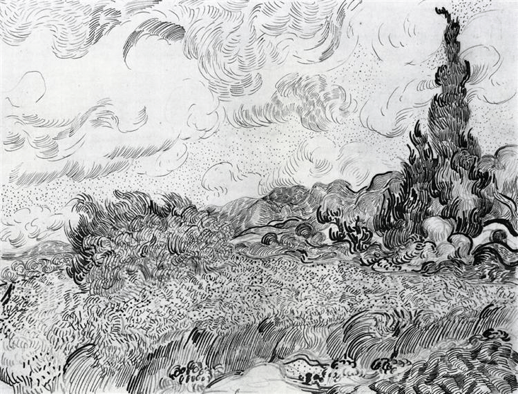 750x571 Pencil Sketch Of A Wheat Field With Cypress Trees By Van Gogh - Cypress Tree Sketch