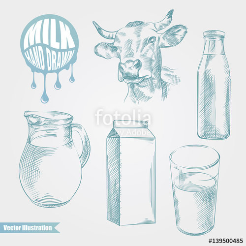 500x500 Hand Drawn Set With Cow And Milk Products. Bottle And Glass With - Dairy Cow Sketch