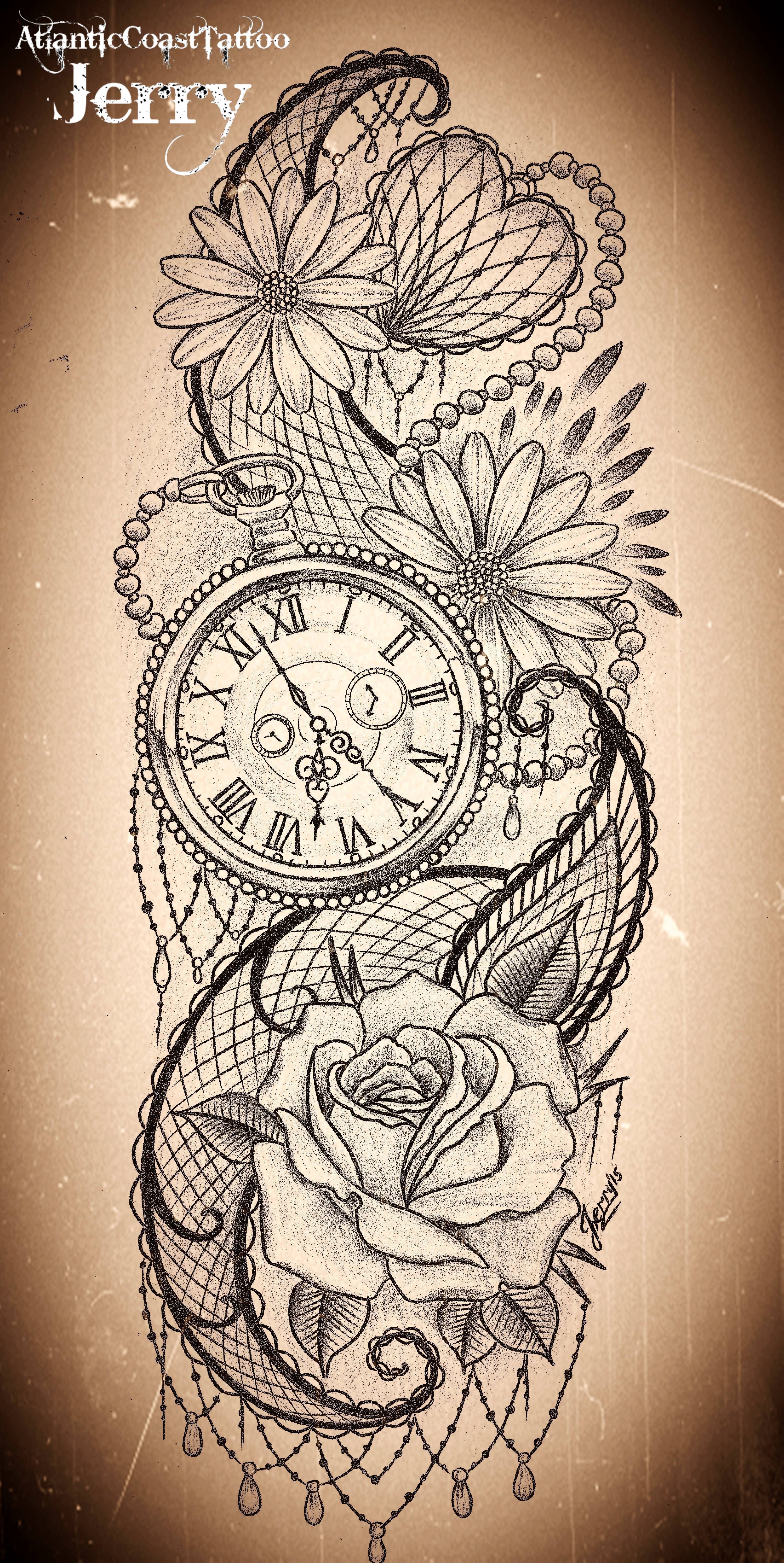 3273x6520 Pocket Watch And Flowers Tattoo Design Idea, Mendi And Rose, Daisy - Daisy Sketch Tattoo