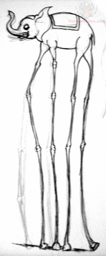 370x890 Dali Portrait And Elephant Tattoo Design - Dali Elephant Sketch