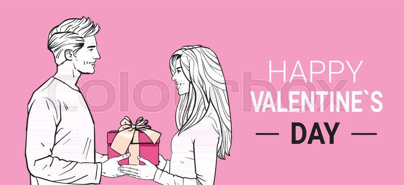 800x367 Happy Valentines Day Poster Sketch Man Give Gift Box To Woman - Dating Sketch