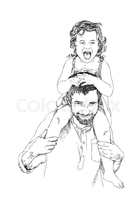 534x800 Hand Drawing Linear Sketch Of Father Holds A Small Daughter On His - Daughter Sketch