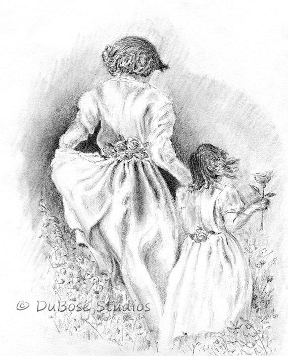 570x704 Mother And Daughter Pencil Drawing Etsy - Daughter Sketch