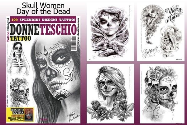 600x400 Day Of The Dead Skull Women Tattoo Flash Design Book 66 Pages - Day Of The Dead Skull Sketch