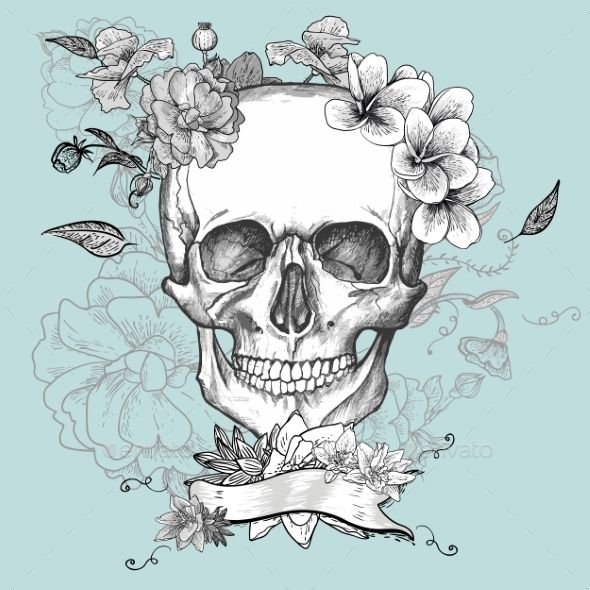 590x590 Skull And Flowers Day Of The Dead (Vector Eps, Cs, Abstract, Black - Day Of The Dead Skull Sketch