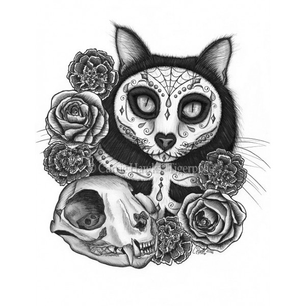 600x600 Cat Ring Day Of The Dead Cat Skull, Black Cat, De Los Muertos - Day Of The Dead Skull Sketch