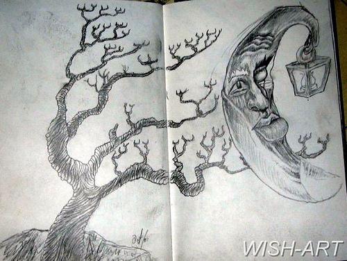 500x376 Dead Tree And Cresent Moon With A Lamp Pencil Sketch - Dead Tree Sketch