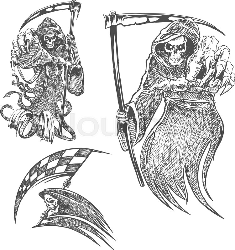 750x800 Death With Scythe Pencil Sketch. Halloween Vector Icon. Gothic - Death Sketch