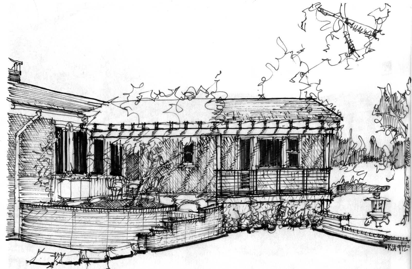 1600x1045 Sketch Study For A Deck And Trellis - Deck Sketch